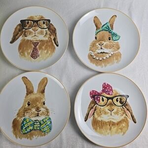 Pier 1 Bunny Rabbit Faces‎ Salad Dessert Plates Gold Trim 8" Porcelain Easter